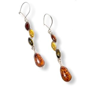 925 Sterling Genuine Mulicolor Green Yellow Honey Baltic Amber Dangle Ea…
